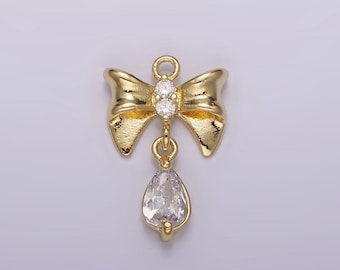 Mini 14k gold filled ribbon bow charm with tear drop micro paved cz charm for earring necklace bralcet component | ag615