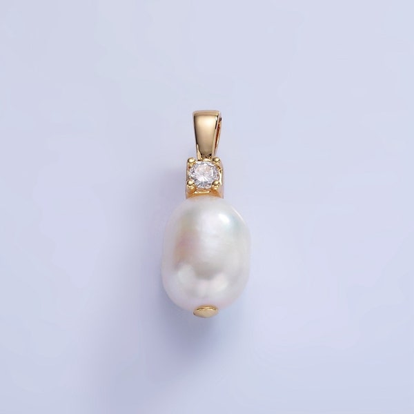 14K Gold Filled 20mm Freshwater Pearl Oval CZ Pendant | P-1726