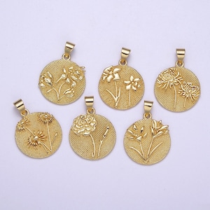 May include: Six gold-tone pendants featuring different floral designs. Each pendant is round and has a textured surface. The pendants are perfect for adding a touch of elegance to any jewelry project.