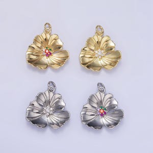 24k gold filled 20mm clear cz lined hibiscus flower tropical nature pendant | d270