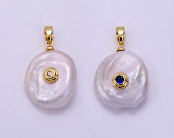 Freshwater Pearl Pendant CZ Freeform Pearl Round Oval CZ Charms for Bracelets Necklace Jewelry with Clear, Blue CZ Stone for Wedding Jewelry