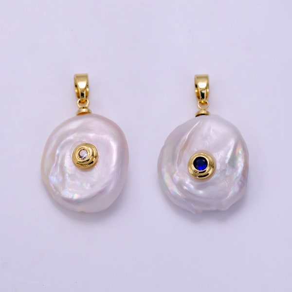 Freshwater Pearl Pendant CZ Freeform Pearl Round Oval CZ Charms for Bracelets Necklace Jewelry with Clear, Blue CZ Stone for Wedding Jewelry