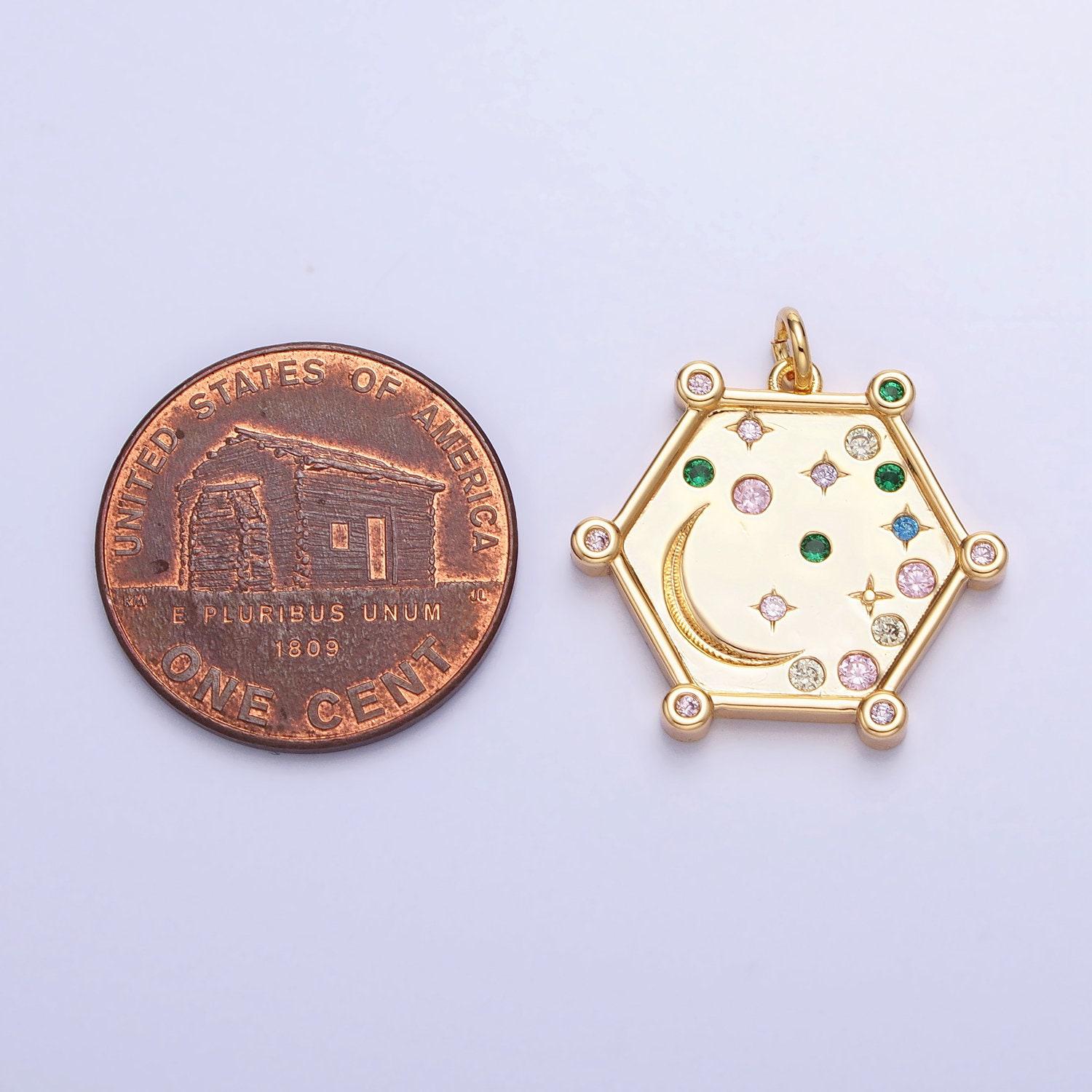 Gold, Silver Hexagonal Celestial Moon Clear, Pink, Green