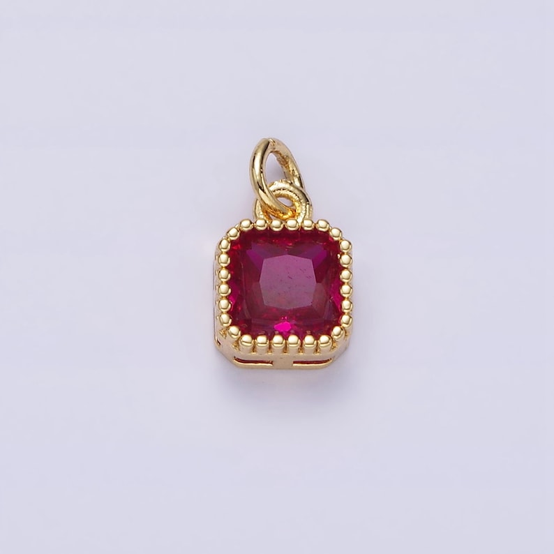 16K Gold Filled 7.5mm Multifaceted Birthstone CZ Square Personalized Charm N1047 N1055 Pink