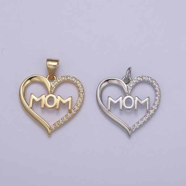 Simple Gold Filled "MOM" Heart Pendants - Love Inspired "Mom" in Gold / Silver Micro Pave CZ Pendant ForDIY Earring Bracelet Necklace Supply