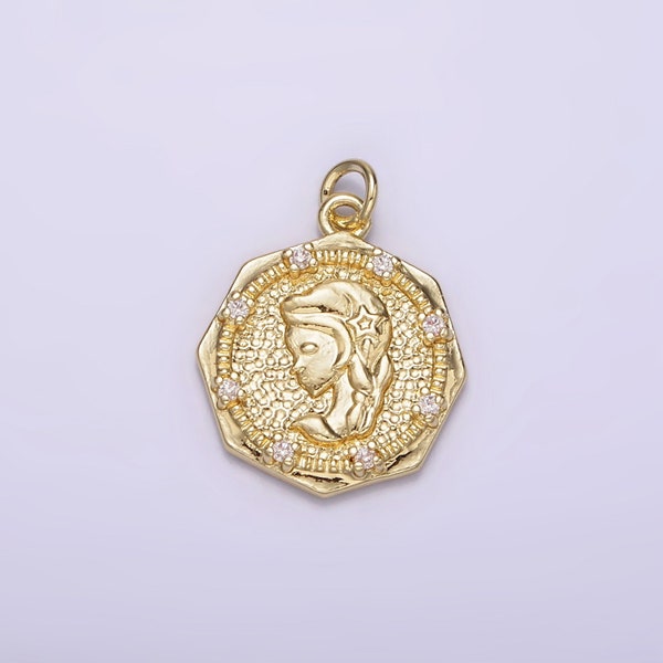 14K Gold Filled Braided Girl Princess Mermaid Lady Portrait Cameo CZ Hammered Octagonal Charm | AG184