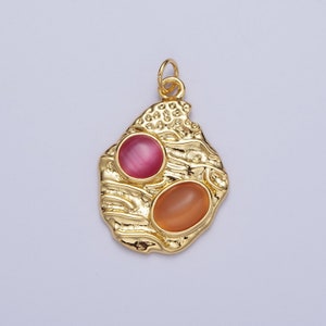 Gold Abstract Textured Pendant, 24K Gold Plated Rogue Pink & Ochre Orange Cabochon Cat's Eye Gemstones Abstract Charm | X-747