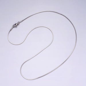 May include: A silver snake chain necklace with a lobster clasp closure.