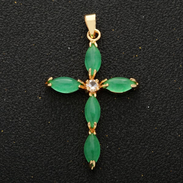 Dainty Green Jade Cross Pendant for Necklace Earring Component Supply. O-256 / O265