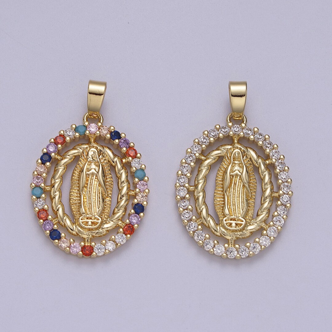 Dainty Virgin Mary Oval Pendant in Clear or Multi Color CZ 14K Gold ...