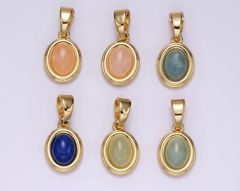 14K Gold Filled Lapis Lazuli, Peridot, Green Kyanite, Blue Agate, Sunstone, Pink Opal Bezel Oval Charm Pendant | N1847 - N1852