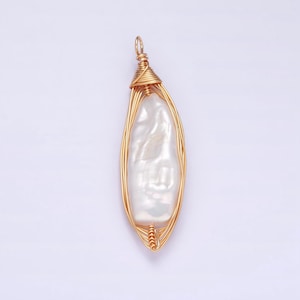 24K Gold Filled 44.5mm Flat Baroque Freshwater Pearl Multiple Wire Charm | N1043