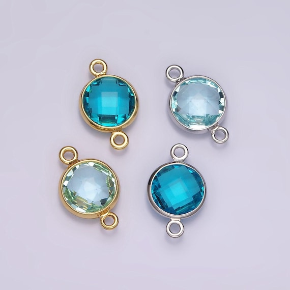 14k gold filled baby blue, cyan blue multifaceted birthstone cz bezel connector in gold & silver | g265 - g266