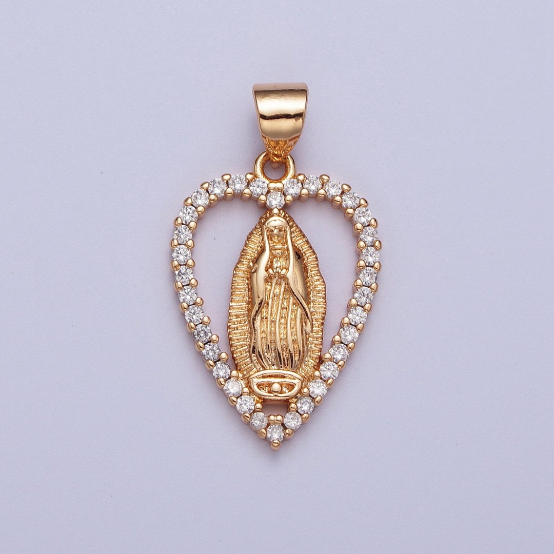 Gold CZ Virgin Mary Heart Pendant, 18K Gold Filled Clear Micro Pave CZ ...