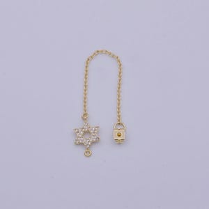 Back stopper w/ chain cz star of david charm 2 pcs gold filled nickel free, butterfly clutch chain dainty earring back k-188