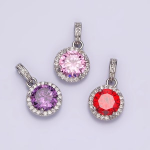 Purple pink red cubic zirconia silver pendant, solitaire clear micro pave charm for easy self-making jewelry dangle pendant necklace n1813