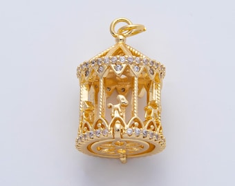 Ciondolo a forma di giostra 3D in oro 18 carati, ideale per feste, luna park e festival, con cavalli, 22,8 mm, perfetto per creare gioielli fai da te / AF1444