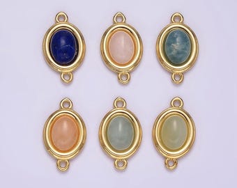 May include: Six gold oval-shaped connector charms with different colored gemstone cabochons. The charms have two loops on the top for attaching to jewelry.