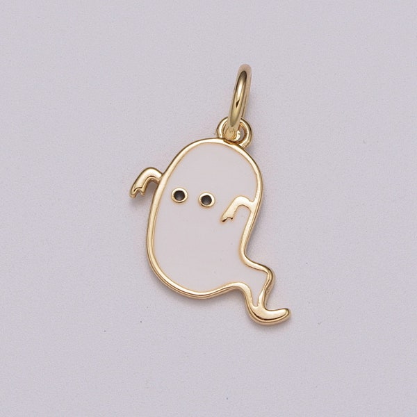 Dainty Gold White Ghost Charm, Gold Enamel Cute Scary Haunted Halloween Pendant Jewelry Inspired