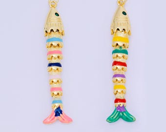 Multi Color Enamel Long 3d movable fish 24k gold filled pendant articulated sardine fish charm for necklace fish lover gift D-080