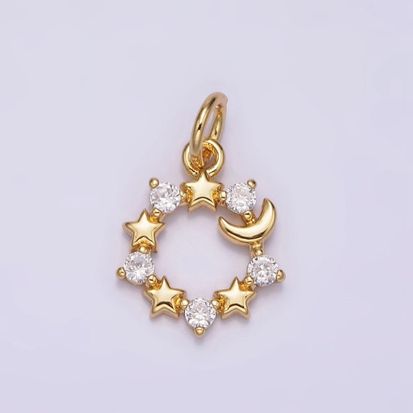 Dainty Gold Crescent Moon Mini Charm Necklace Pendant Dainty Gold Moon and Star Medallion Pendant Cubic Zirconia Celestial Jewelry N-978