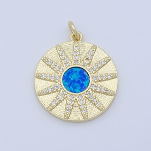 Dainty sunburst 14k gold filled vergina sun charm blue opal round medallion pendant micro pave gold sun celestial jewelry m-354