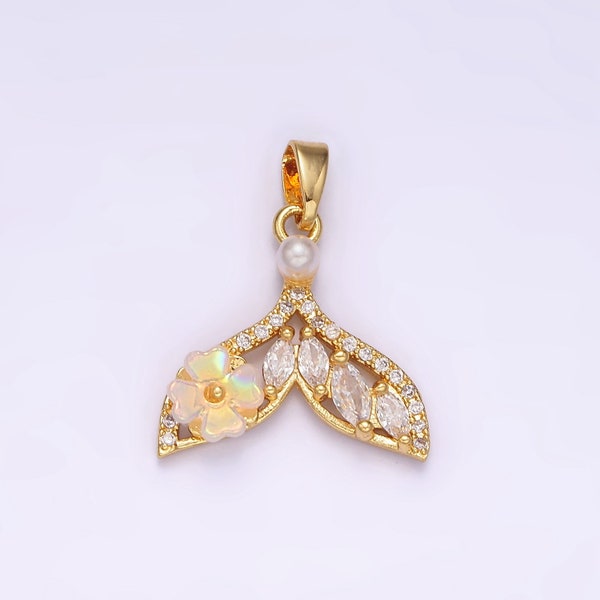 14K Gold Filled Iridescent Flower Marquise Micro Paved CZ Whale Tail Pearl Mermaid Tail Charm Pendant Mermaid Inspired | N1823
