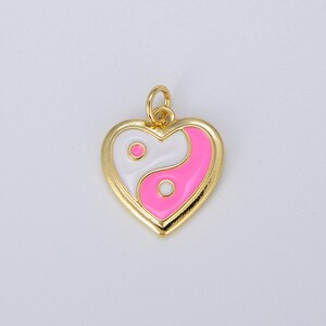 Dainty Gold yin yang charm, Gold Heart Charm Yin & Yang Charms for Bracelet Necklace Earring Component Colorful Enamel Pendant E297 Pink
