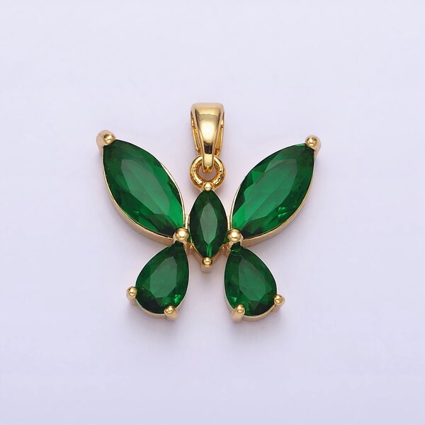 CZ Gold Butterfly Charm Dainty Emerald Green Cubic Mariposa Charm for Necklace Bracelet Component AA-535