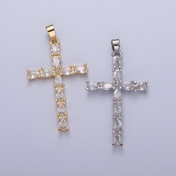 Tear Drop Cross Pendant, CZ Cross Charm for Religious Jewelry Silver Cross Pendant for Minimalist Jewelry