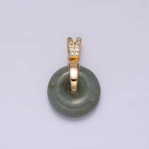 16K Gold Filled Natural Malaysian Green Jade Donut Double Micro Paved Band Bail Pendant | AA780