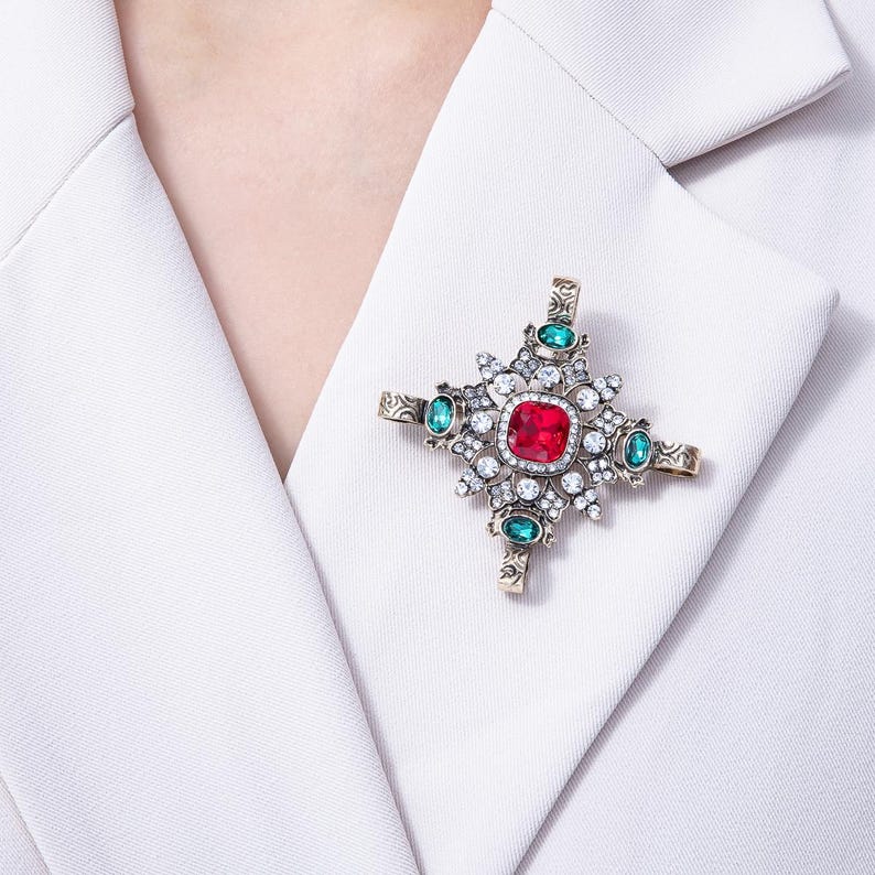 Vintage Antique Gold Multicolor Rhinestone Geometric Cross Pin Brooch ...
