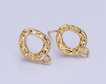 Gold Hammered Oval Round Stud Earrings with Close Link for Charm For Earring Component Jewelry Making Supply | Z077