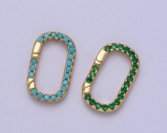 Cz Gold Spring Gate Ring, 17X10mm CZ Pull Gate ring Oval Turquoise Green Micro Pave Charm Holder Clasp for Connector Bracelet Necklace Z039