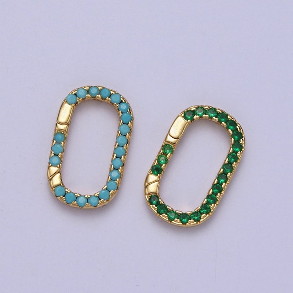 Cz Gold Spring Gate Ring, 17X10mm CZ Pull Gate ring Oval Turquoise Green Micro Pave Charm Holder Clasp for Connector Bracelet Necklace Z039