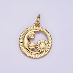 16K Gold Filled Celestial Crescent Moon Sunflower Face Open Round Line-Textured Charm | N980