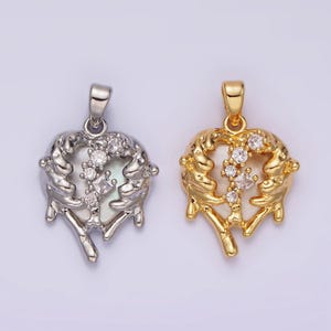 14k gold filled clear cz molten drip shell pearl heart pendant in gold & silver | n1793 n1794