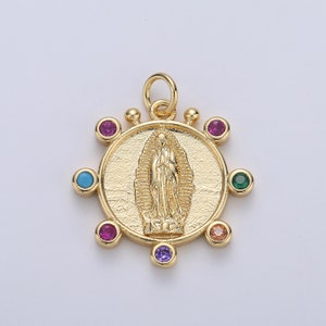 Rainbow 24K Gold  CZ Virgin Mary Pendant, Lady Guadalupe Round Disc Charm Mary Medallion, Rosary Charm Religious Jewelry