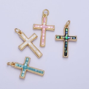 Dainty pink, abalone, blue opal religious cross pendant for christian catholic baptism, religious jewelry making supply in 14k gold filled