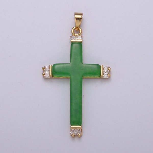 Long Green Jade Cross Pendant for Necklace 24K Gold Filled Cross O-264
