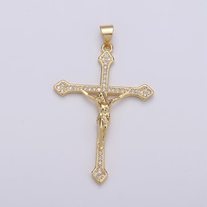 Colgante de cruz cúbica, micropavé, crucifijo, dije de Jesús, collar religioso, joyería de oro de 14 k, I-879