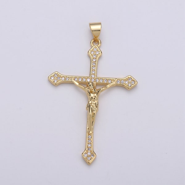 Cubic Cross Pendant, Micro Pave crucifix cross charm Jesus Pendant Religious Necklace Pendant, 14k Gold  Jewelry Making, I-879