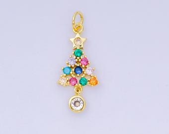 24K Gold Filled 18mm Multicolor Micro Paved CZ Colorful Christmas Tree & Star Charm | D-100