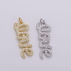 Silver love charm pendant cz micro pave, love words pendant charm, gold dangle charm, word charm, love pendant cubic zirconia charm | d-457