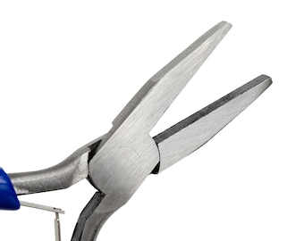 May include: Close-up of a pair of silver-toned pliers with blue handles. The pliers are open and the jaws are visible.