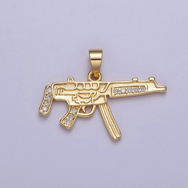 CZ Micro Pave Machine Gun Shape Pendant 16K Gold Filled Gun Charm, Necklace Bracelet Charm Pendant 20.3x27.5mm J-445