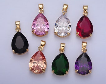 24K Gold Filled Round Gemstones Teardrop Cubic Zirconia CZ Pendant Charm For Jewelry Necklace Making