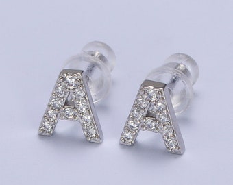 1 pair Cubic Zirconia Tiny Initial Stud Earring in Silver, Personalized Alphabet Letter Earring, Birthday Christmas Gift For Her