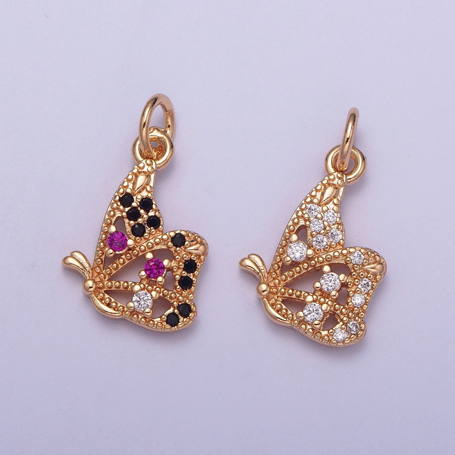 14K Gold Dainty Side-view Butterfly Colored/clear Micro Pave CZ