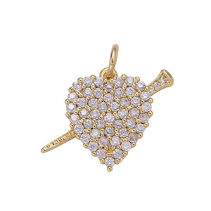 Small Gold Heart with Cupid&#39;s Arrow Micro Pave heart Charm for Bracelet Necklace Earring Component